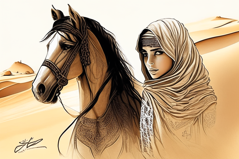 a beautiful girl in the desert with her horse drawing Arabic calligraphy