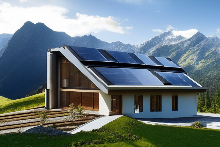 A modern house with 50 solar panels in the mountains A sleek and stylish house with 50 solar panels in the mountains A contemporary house with 50 solar panels in the mountains