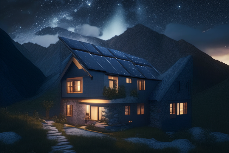 a house with 20 solar panels on its roof, nestled in the mountains at night with a starry sky above, octane render