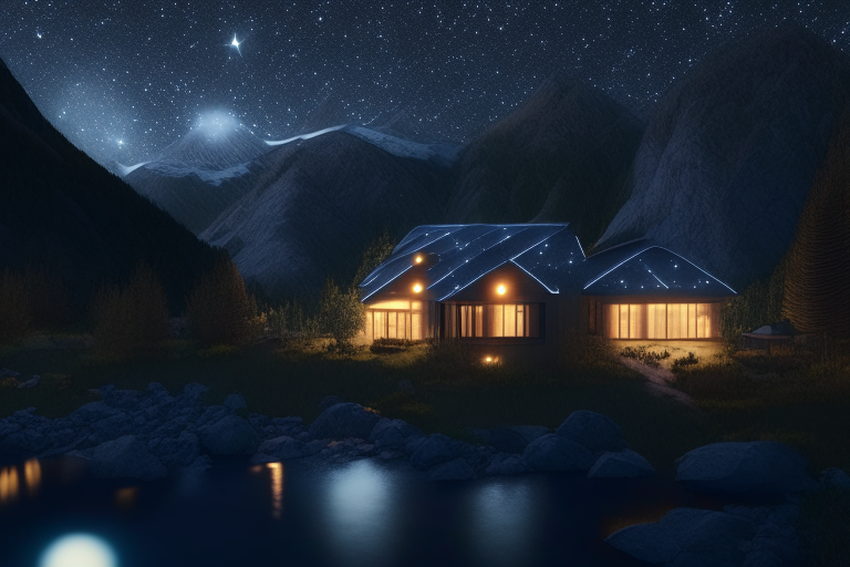 a home with 20 glowing solar panels in Kashmir mountains near a river at night with stars, octane render, 4k