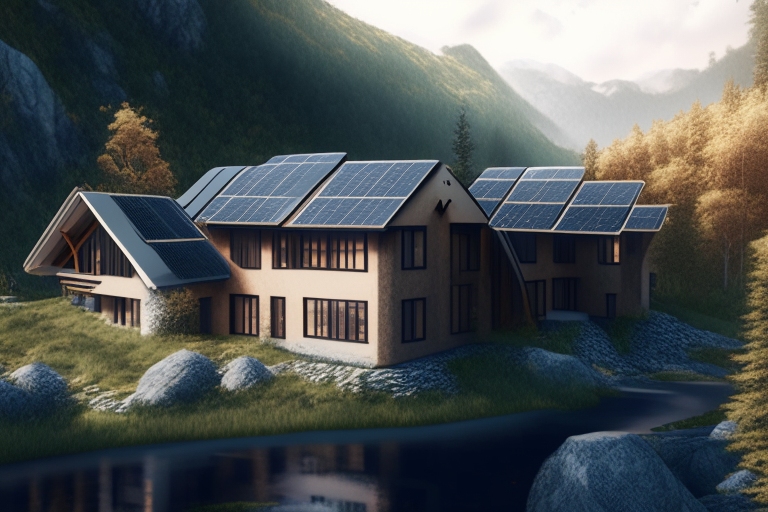 a house with 10 solar panels in the mountains, with a river and trees in the background, octane render, 4k