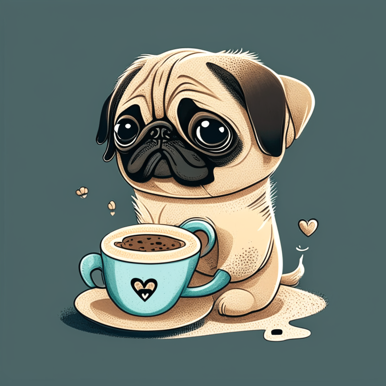 a Pug puppy drinking a latte with heart-shaped art, in a cartoon style