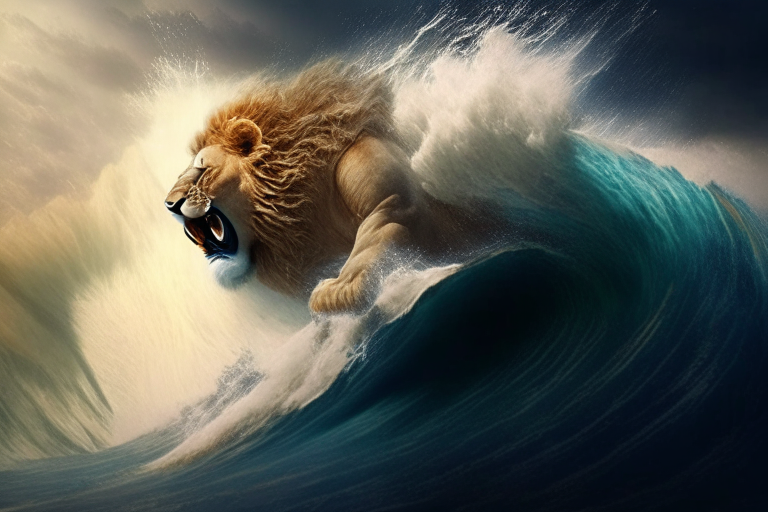 a lion surfing on a massive wave