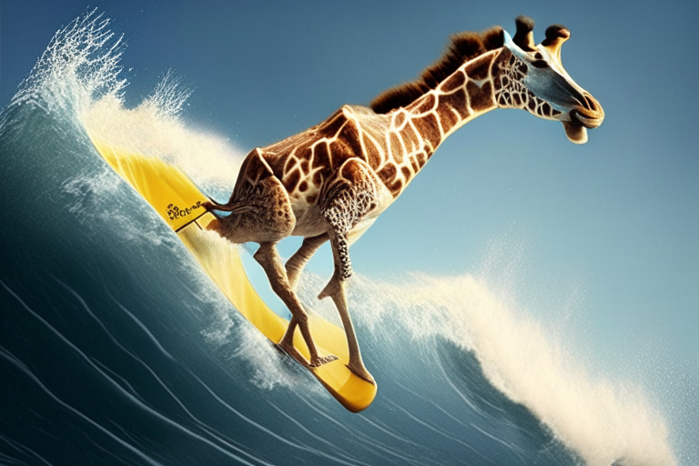 a giraffe surfing on a massive wave