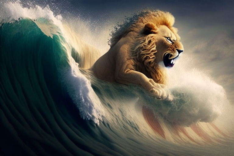 a lion surfing on a massive wave