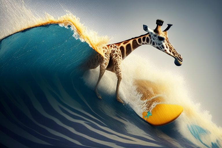 a giraffe surfing on a massive wave