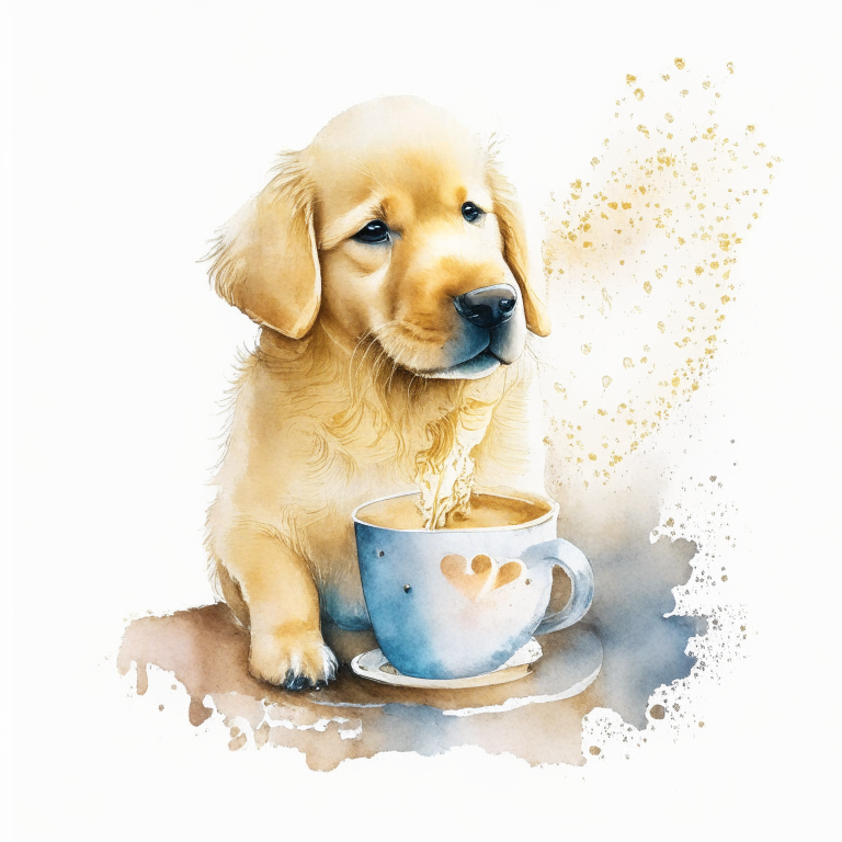 a Golden Retriever puppy drinking a latte with heart-shaped art, in a watercolor style