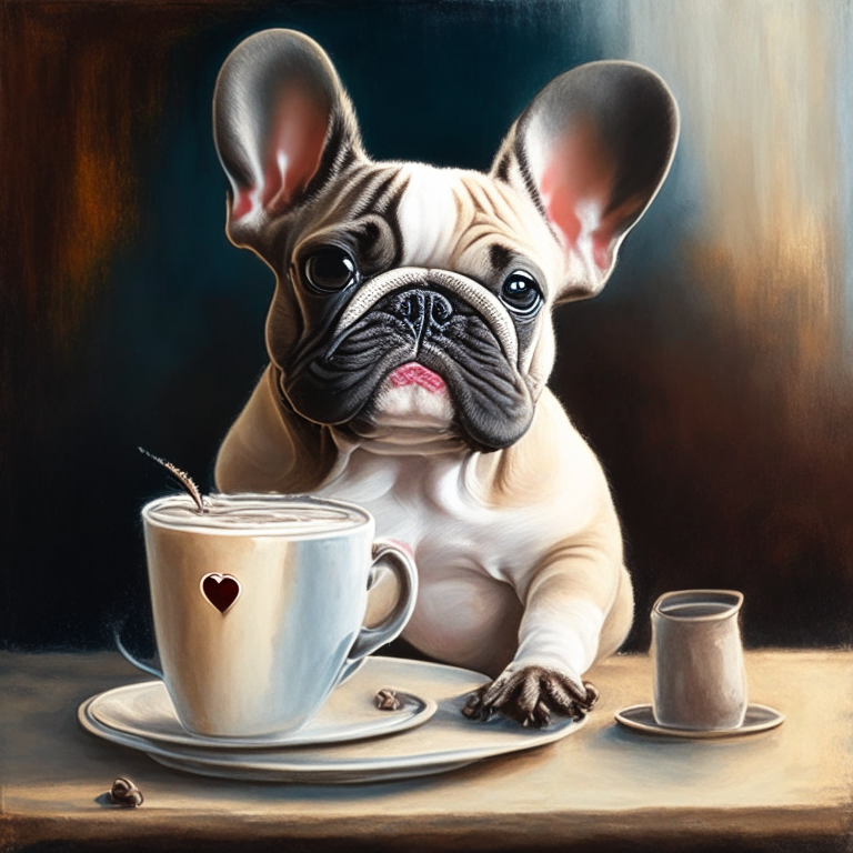 a French Bulldog puppy drinking a latte with heart-shaped art, in an oil painting style