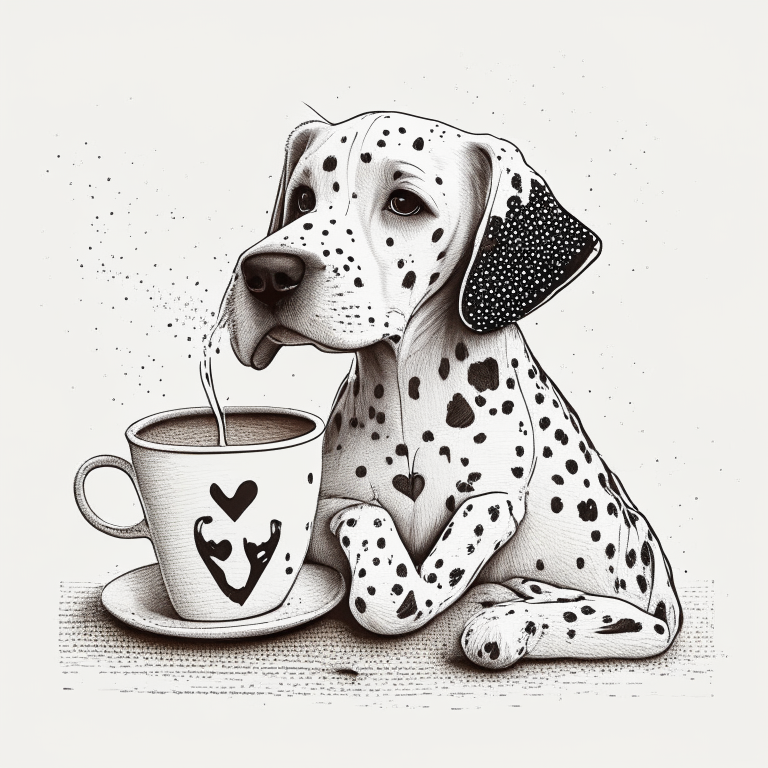 a Dalmatian puppy drinking a latte with heart-shaped art, in a sketch style