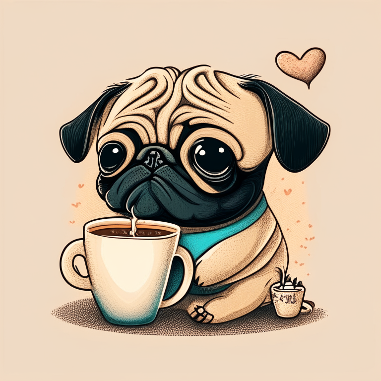 a Pug puppy drinking a latte with heart-shaped art, in a cartoon style