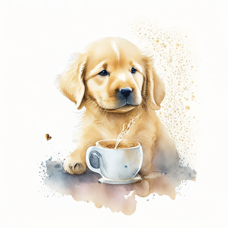 a Golden Retriever puppy drinking a latte with heart-shaped art, in a watercolor style