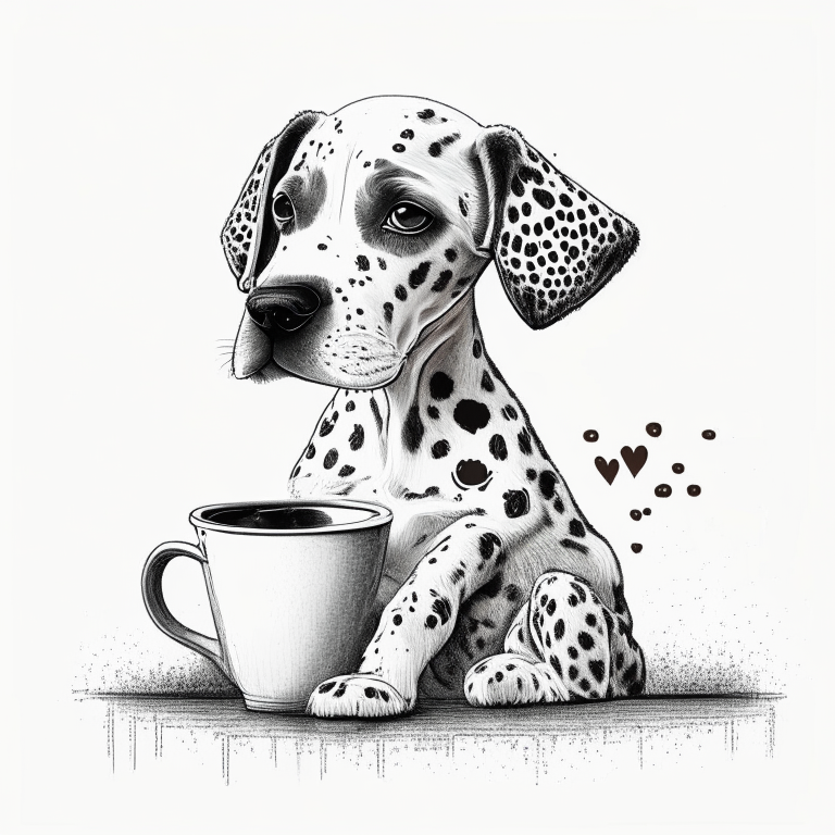 a Dalmatian puppy drinking a latte with heart-shaped art, in a sketch style