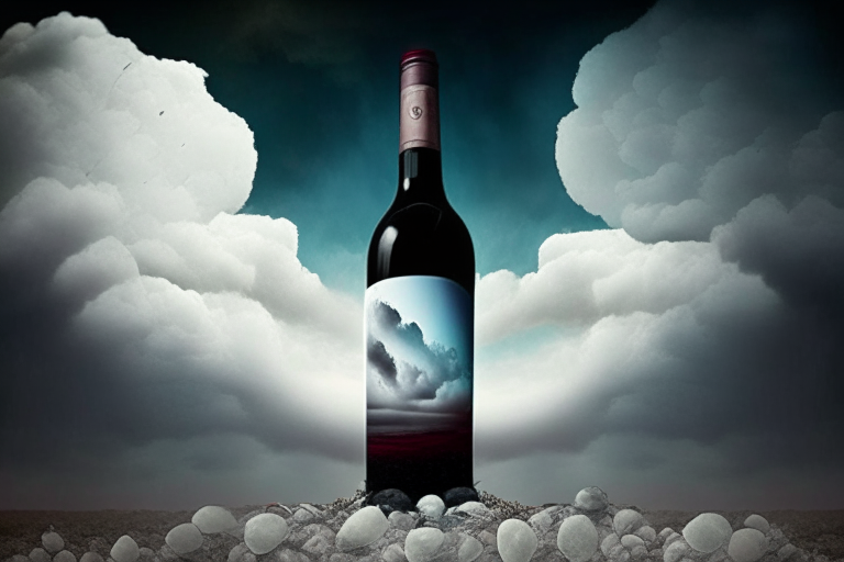 una botella rota de vino tinto entre guijarros blancos con un cielo tormentoso