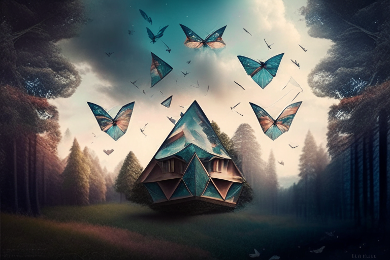 mariposas volando en un bosque fantástico con una casa triangular y el cielo al amanecer con nubes tormentosas