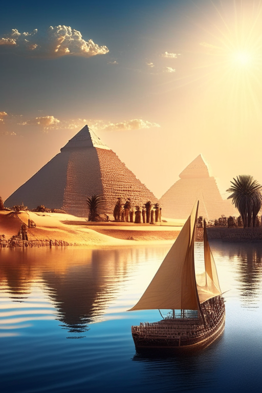 Full prompt: || realistic photo of the river nile, with the pyramids of giza in the background, a river flowing through the scene, cruise ship in the foreground, sun blazing in the sky