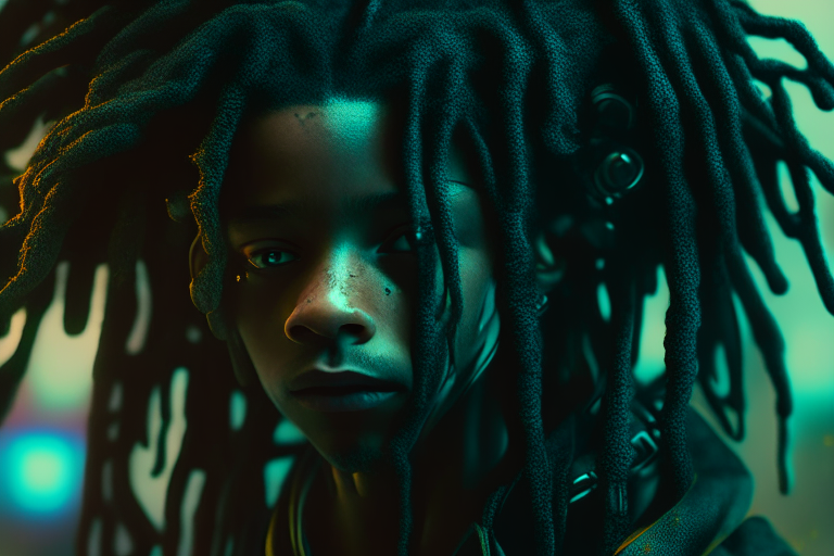 a young fair boy with black dread locks tied, sci fi, Psychedelic, futuristic, film grain, 8k ultrafine detail, masterpiece, cinematic