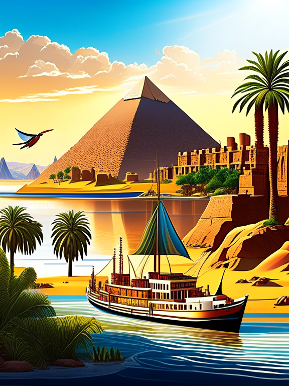 Full prompt: || realistic photo of the river nile, with the pyramids of giza in the background, a river flowing through the scene, cruise ship in the foreground, sun blazing in the sky