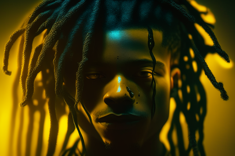 a young fair boy with black dread locks tied, with yellow backlight, sci fi, Psychedelic, futuristic, film grain, 8k ultrafine detail, masterpiece, cinematic