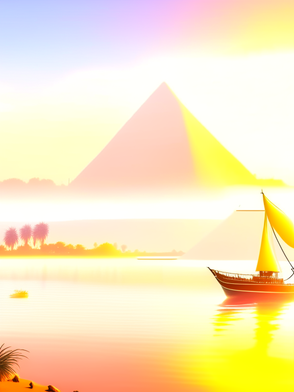 Full prompt: || realistic photo of the river nile, with the pyramids of giza in the background, a river flowing through the scene, cruise ship in the foreground, sun blazing in the sky