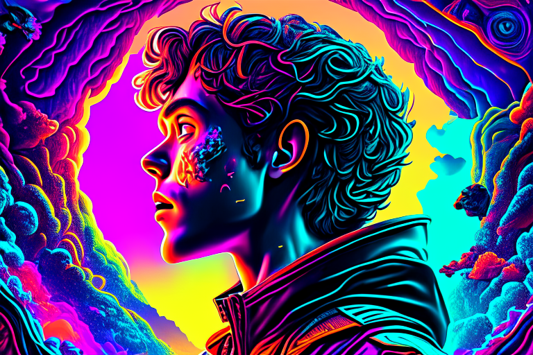 A young guy in a psychedlic world, sci fi, futuristic,8k ultrafine detail, cinematic