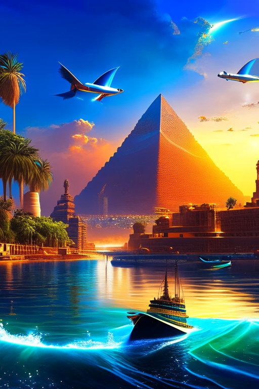 Full Wave: ||Realistic image of the Nile River, with the Cairo Tower in the background next to the Pyramids of Giza, a river flowing through the scene, a cruise ship in the foreground, the sun burning in the sky, large planes in the foreground and fish jumping over the water