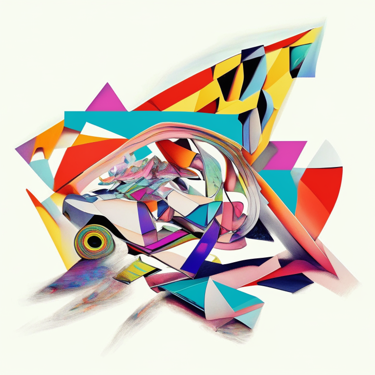 An abstract version of a motor vehicle with bright colors and geometric shapes