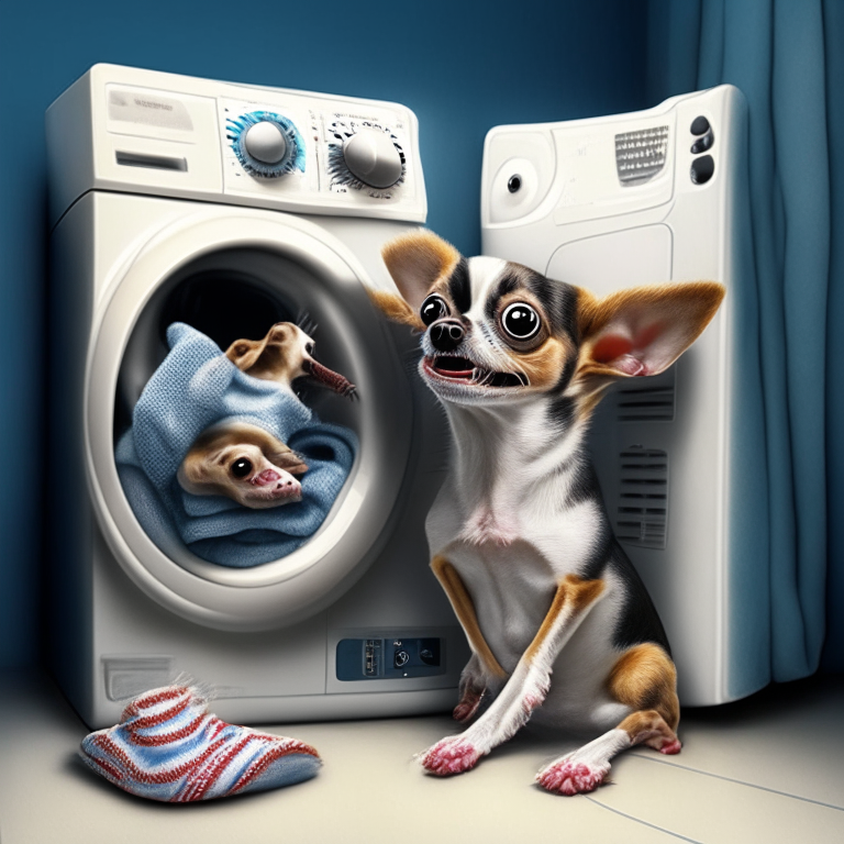 an electric clothes dryer with teeth chewing on socks and a chihuahua watching