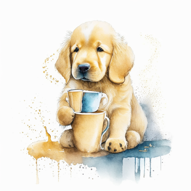 a Golden Retriever puppy drinking a latte with heart-shaped art, in a watercolor style