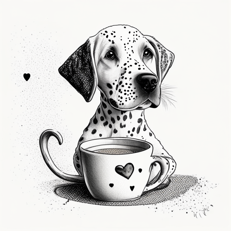 a Dalmatian puppy drinking a latte with heart-shaped art, in a sketch style