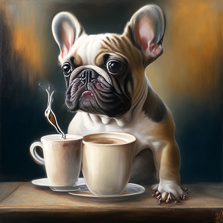 a French Bulldog puppy drinking a latte with heart-shaped art, in an oil painting style