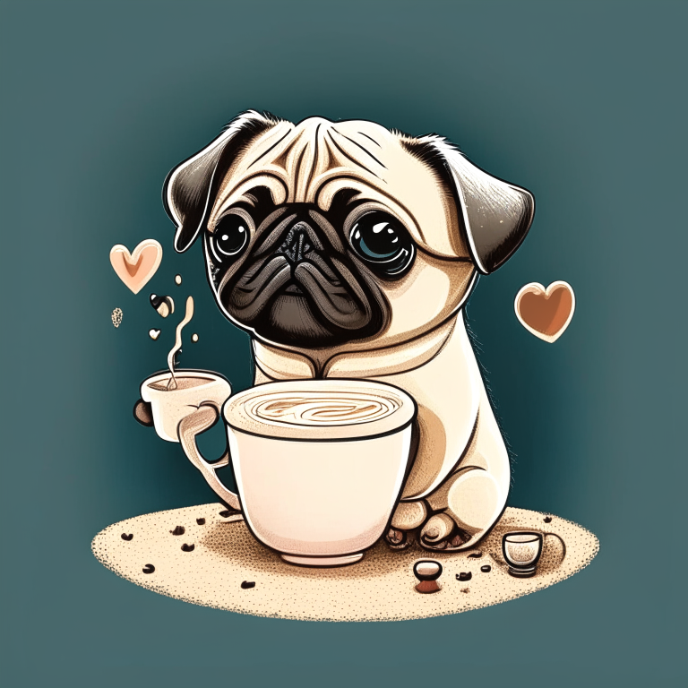 a Pug puppy drinking a latte with heart-shaped art, in a cartoon style