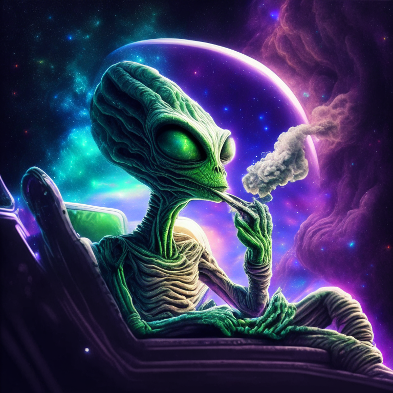 An alien in a spaceship with Andromeda Galaxy background smoking a joint. 