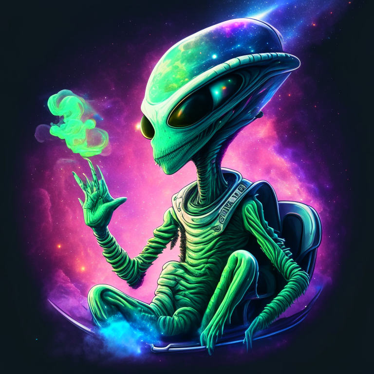 An alien in a spaceship, showing peace sign and wearing a 'manipulated' brand outfit with Andromeda Galaxy background smoking a joint. 