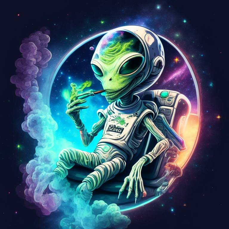 An alien in a spaceship, showing peace sign and wearing a 'manipulated' brand printed on its space outfit with Andromeda Galaxy background smoking a joint with the other hand. 