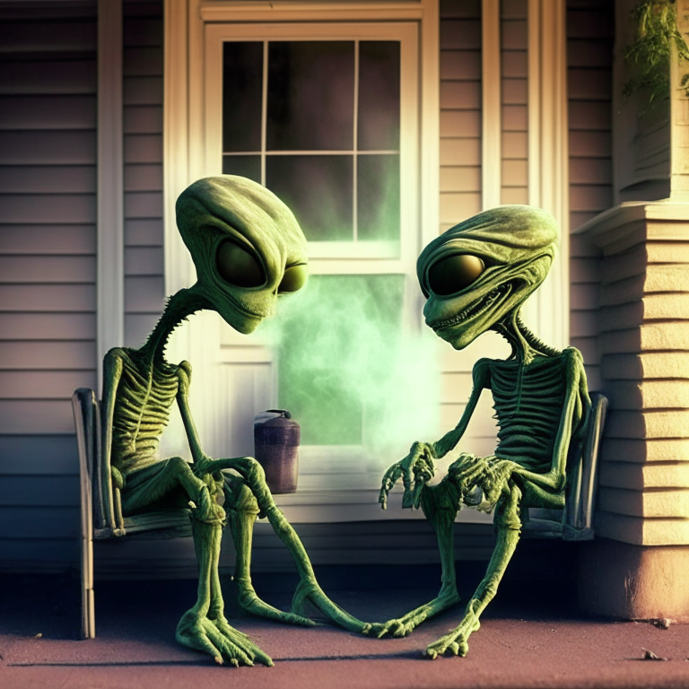 2 aliens smoking weed at their front porch like the movie 'Friday'. 