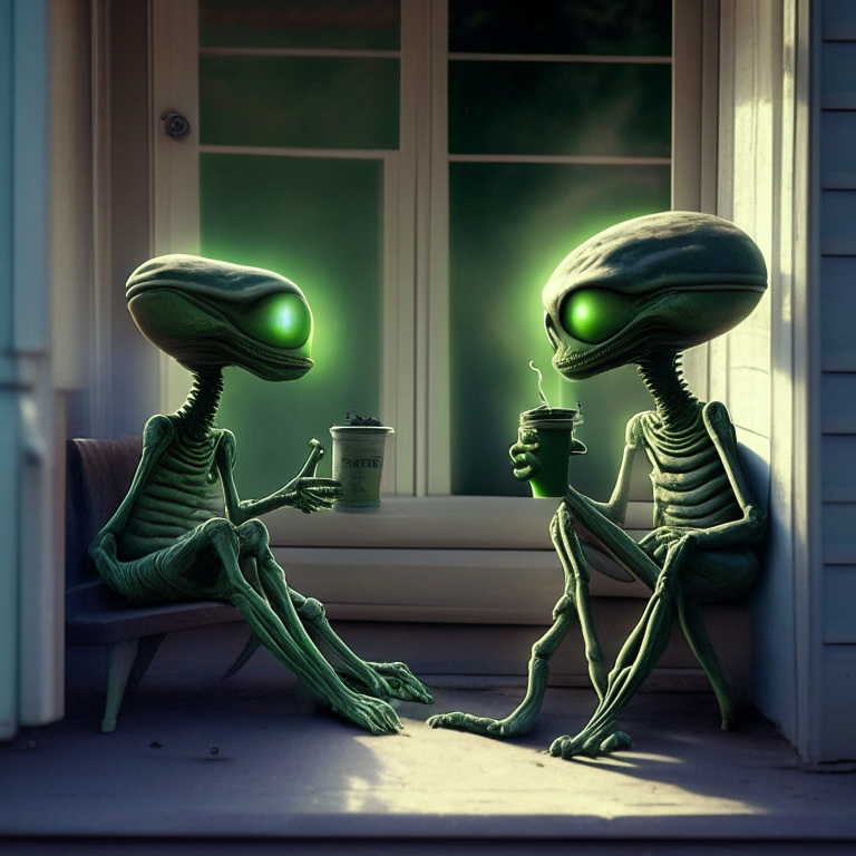 2 aliens smoking joints at their front porch like the movie 'Friday'. 