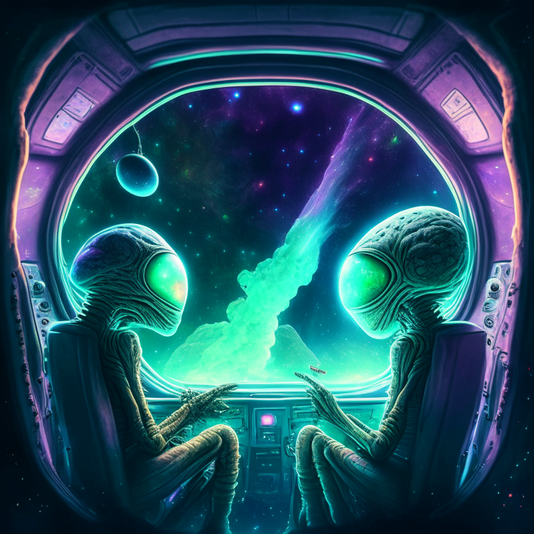 2 aliens smoking joints at their spaceship cockpit looking out at the galaxy. 