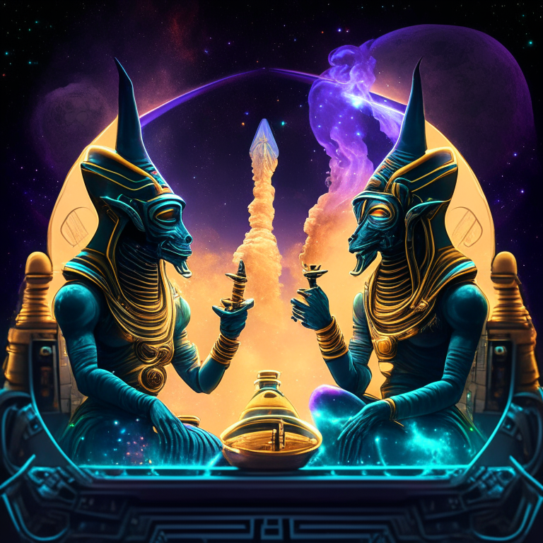 2 Egyptian Gods smoking bongs at their spaceship cockpit looking out at the galaxy. 