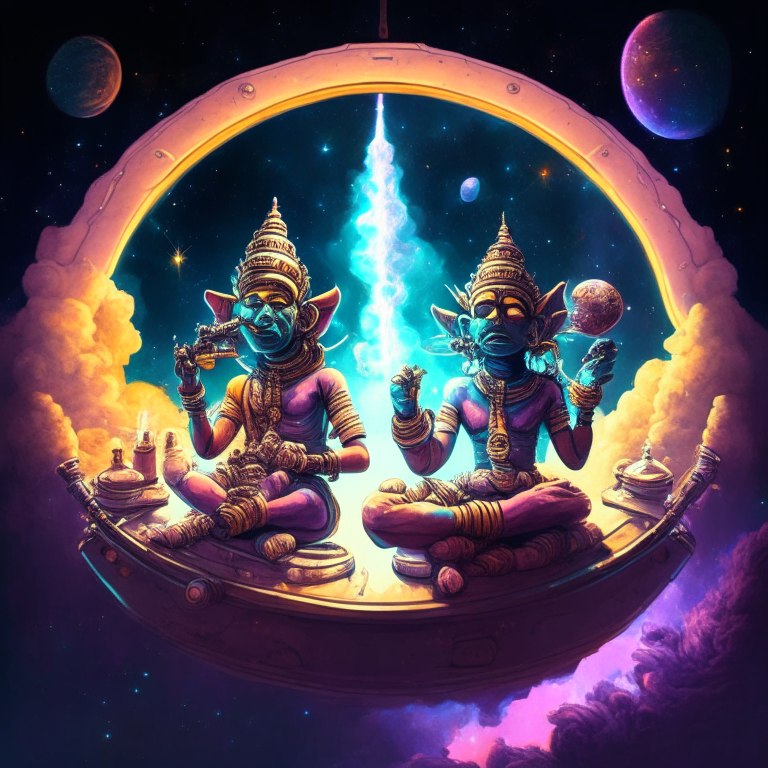 2 Hindu Gods smoking bongs at their spaceship cockpit looking out at the galaxy. 