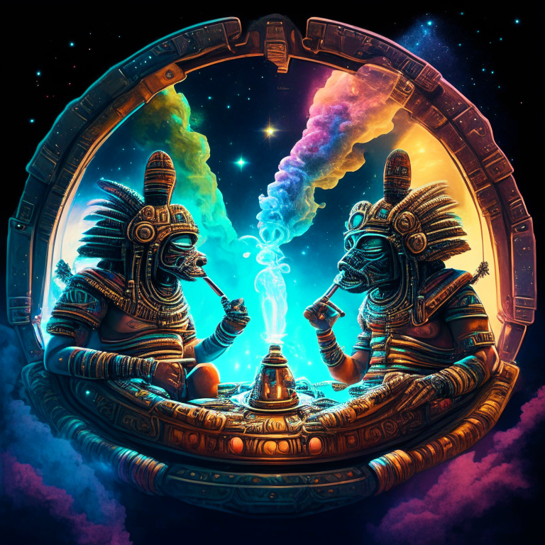 2 Aztec Gods smoking bongs at their spaceship cockpit looking out at the galaxy. 