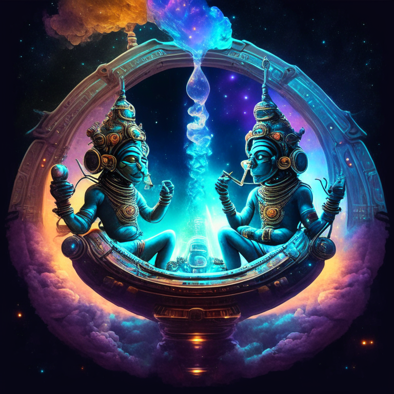 2 Indian Gods smoking bongs at their spaceship cockpit looking out at the galaxy. 