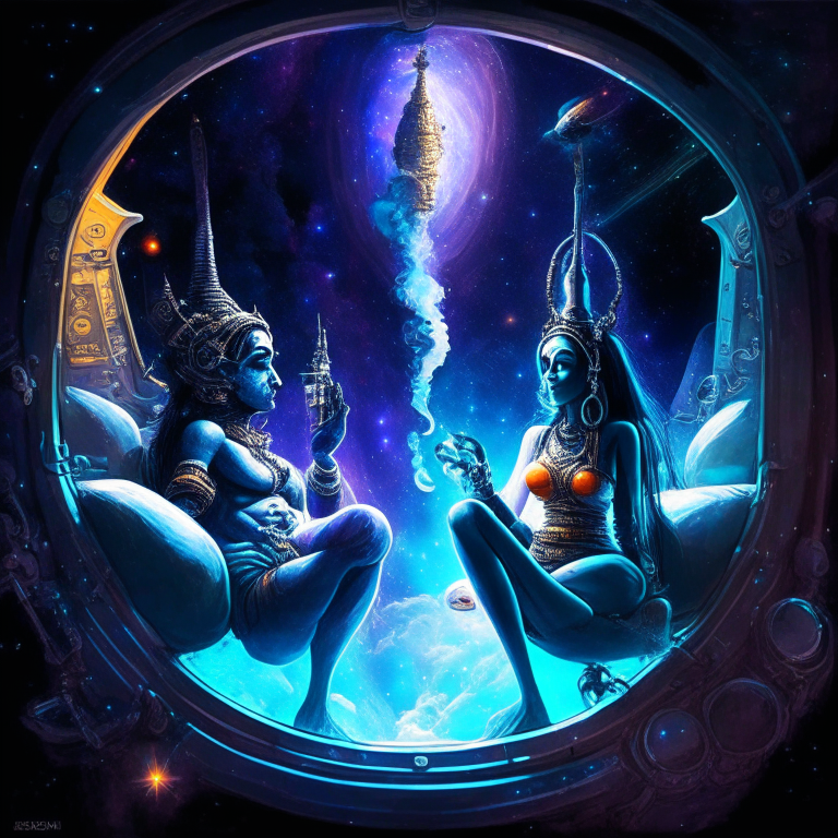 God Shiva and God Parvati smoking bongs at their spaceship cockpit looking out at the galaxy. 