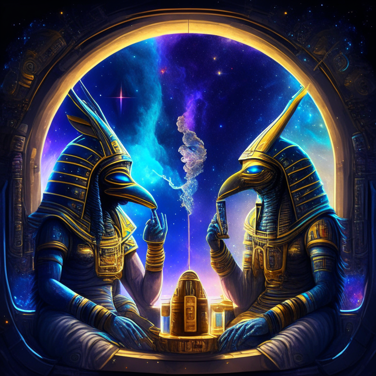 God horus and God isis smoking bongs at their spaceship cockpit looking out at the galaxy. 