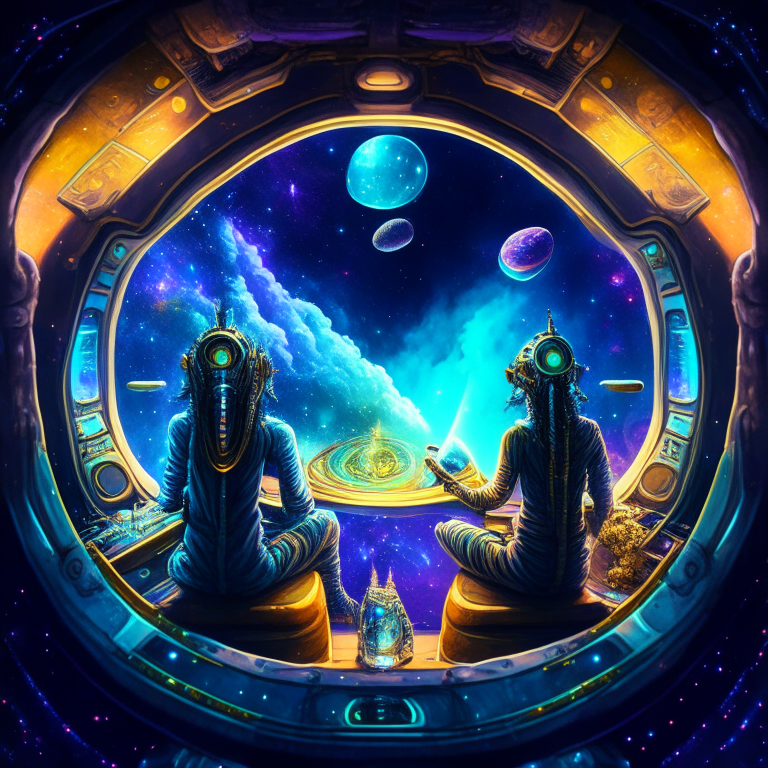 God Ra and God Anuaki smoking bongs at their spaceship cockpit looking out at the galaxy. 
