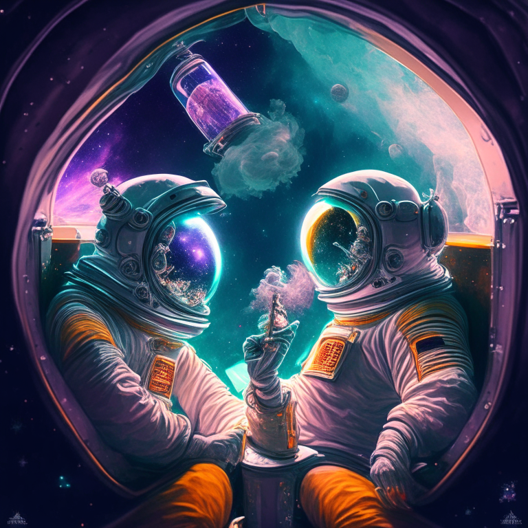 Voluptuous astronauts smoking bongs at their spaceship cockpit looking out at the galaxy. 