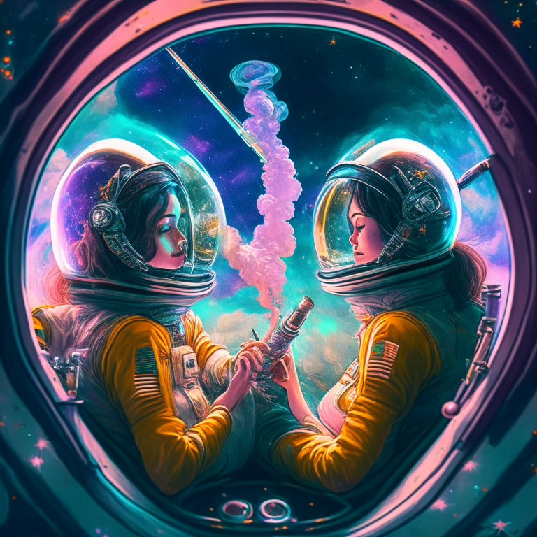 Voluptuous female astronauts smoking bongs at their spaceship cockpit looking out at the galaxy. 