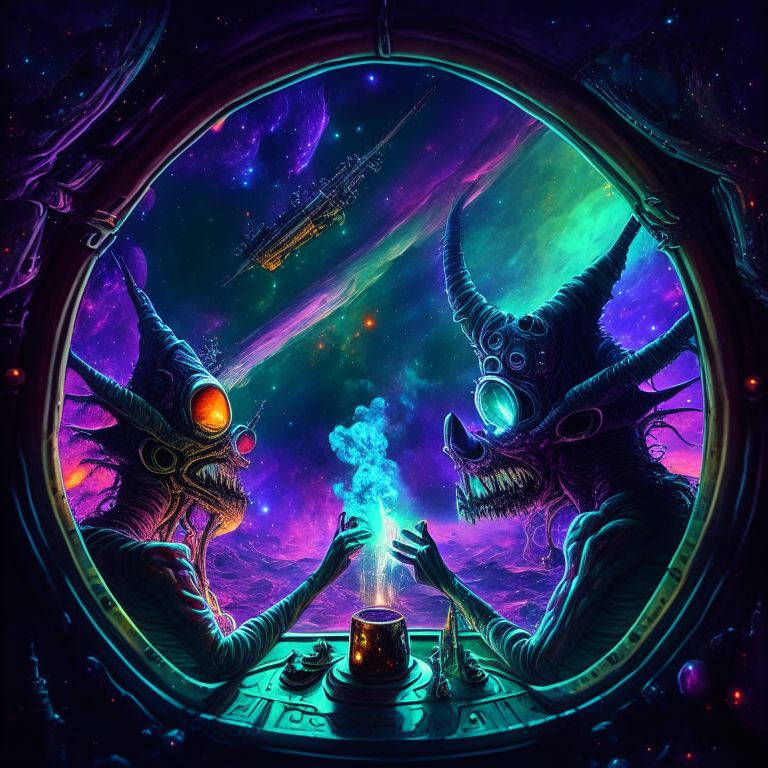 Demons smoking bongs at their spaceship cockpit looking out at the galaxy. 