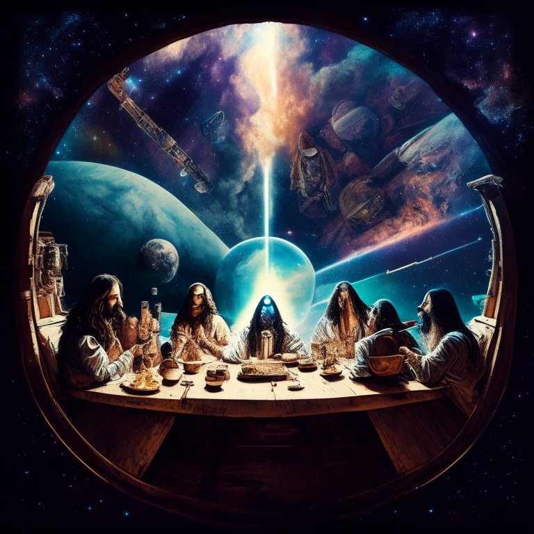 Jesus last supper smoking bongs at their spaceship cockpit looking out at the galaxy. 