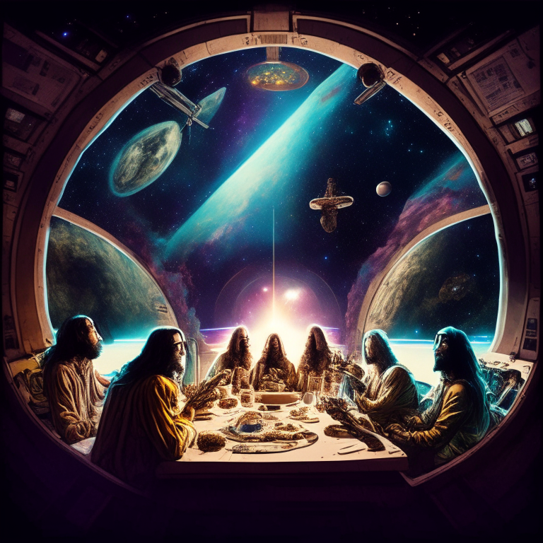 Jesus last supper ganja smoking fest at their spaceship cockpit looking out at the galaxy. 