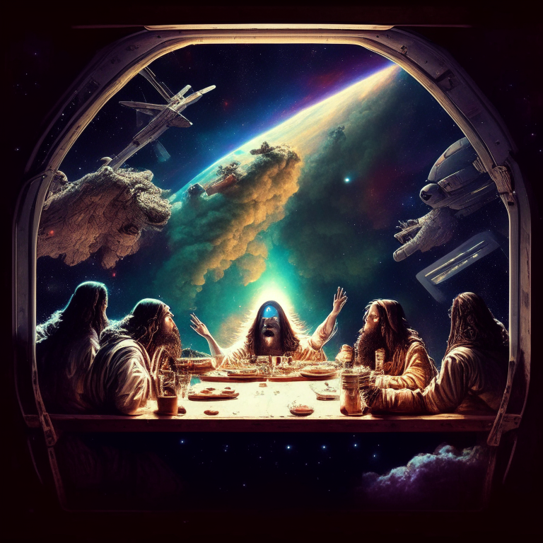 Jesus last supper ganja smoking joints at their spaceship cockpit looking out at the galaxy. 